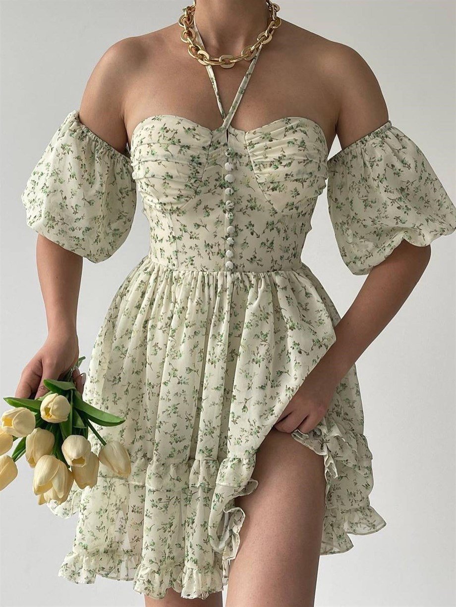 Green Flowers Princess Dress
