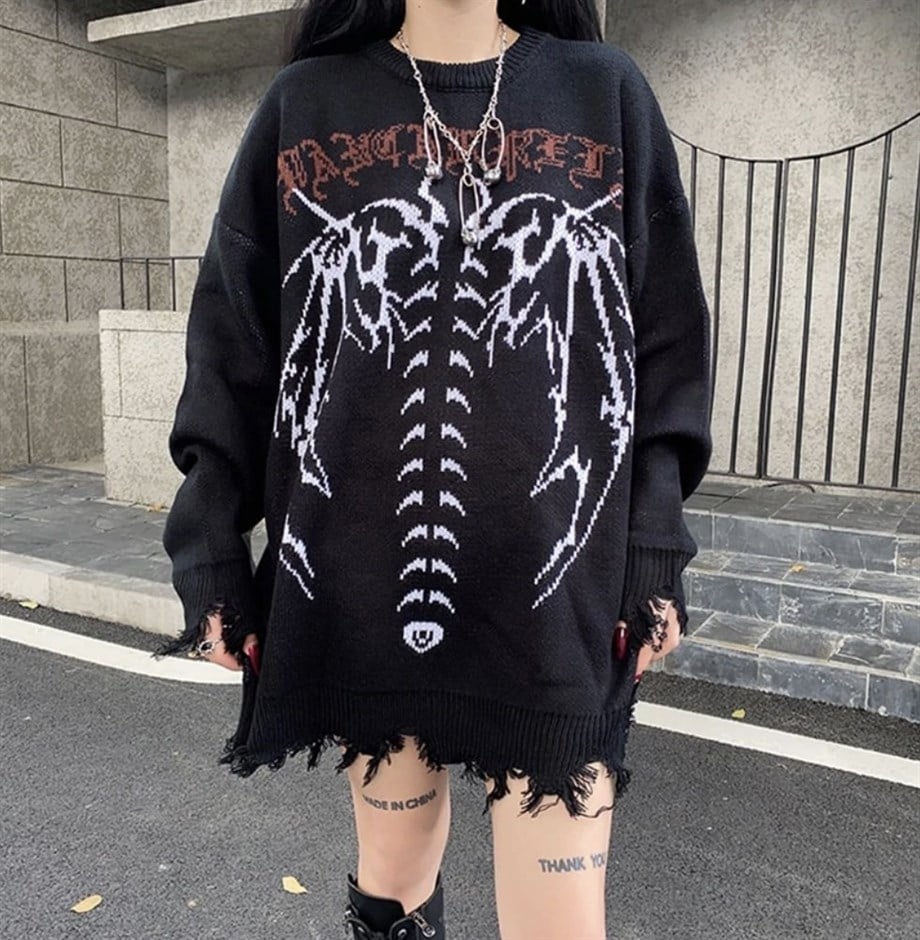 Grunge Yırtık Detaylı İskelet Örme Kazak