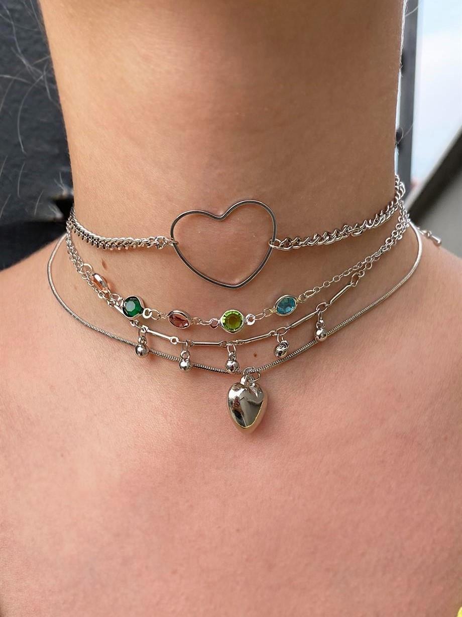 Gümüş 4lü Kalp Detay Choker Set