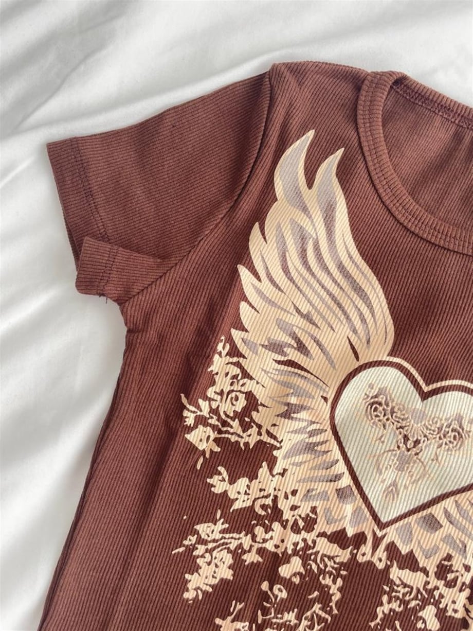 Heart Wings Grunge Kahverengi T-shirt