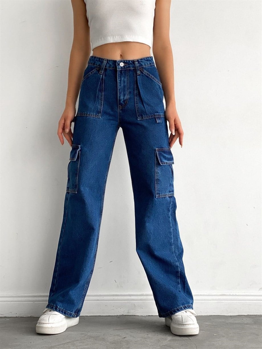 Kargo Cepli Mavi Wide Jeans Pantolon