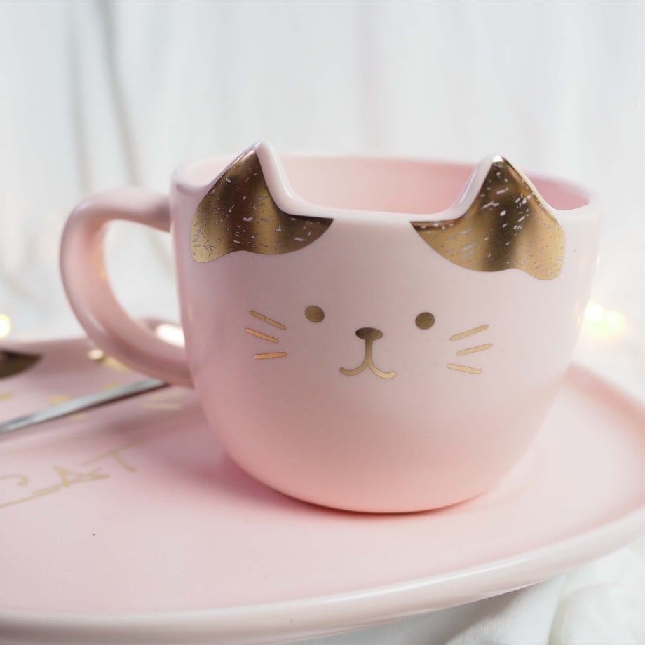 Kedi Kupa ve Tabak Seti Pembe