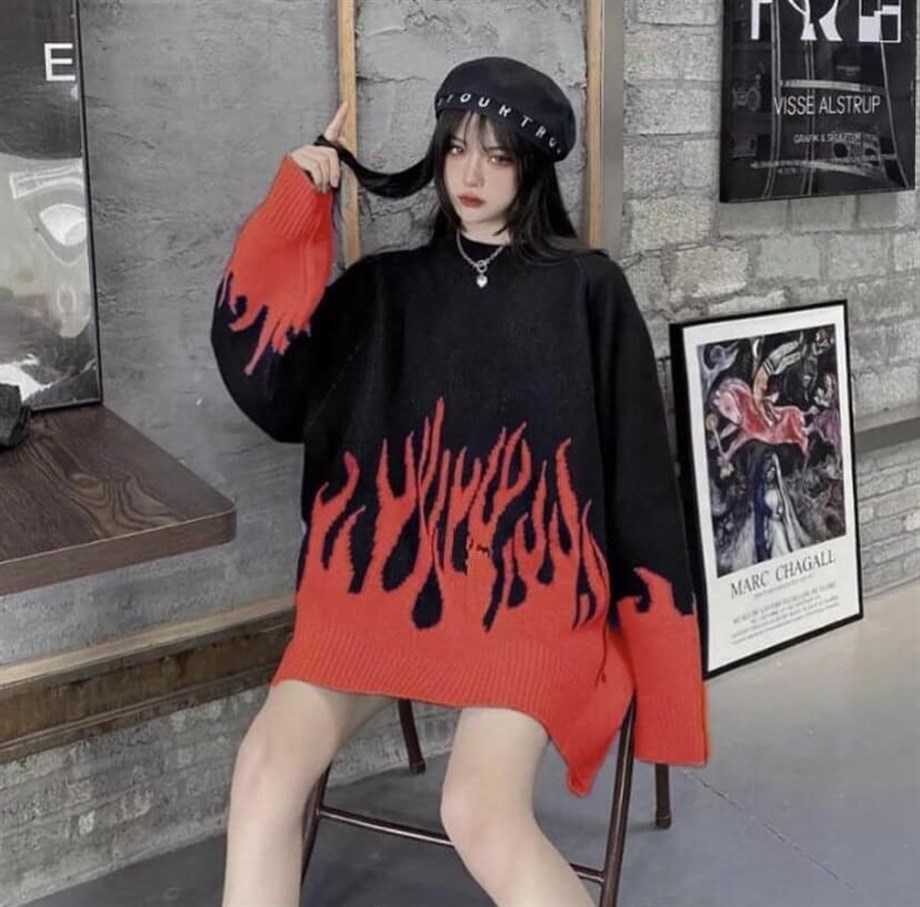 Kırmızı Flame Oversize Kazak