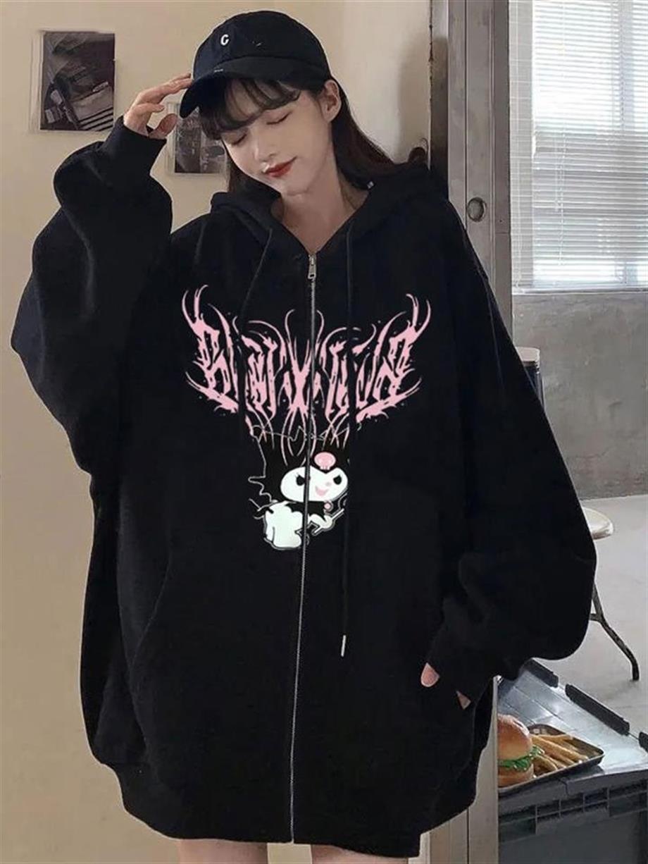 Kuromi Pink Baskılı Oversize Fermuarlı Siyah Unisex Kapüşonlu Hırka