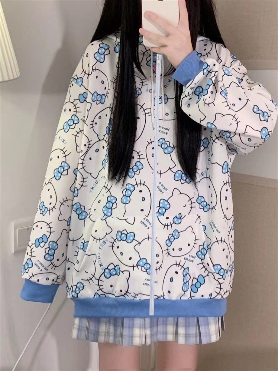 Mavi Hello Kitty Unisex Fermuarlı Sweatshirt