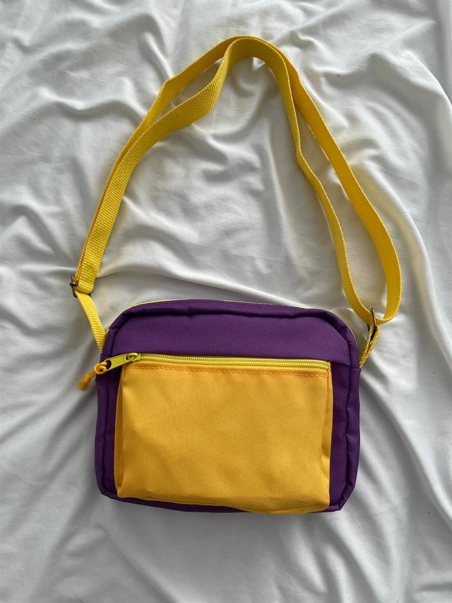 Mor Sarı 2 Bölmeli Crossbody Çanta