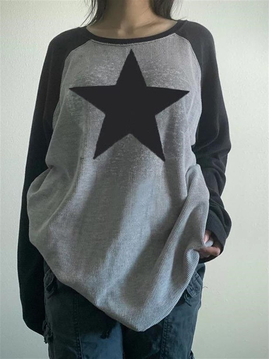 Old School Yıldız Baskılı Gri Raglan Oversize (Unisex) Uzun Kollu