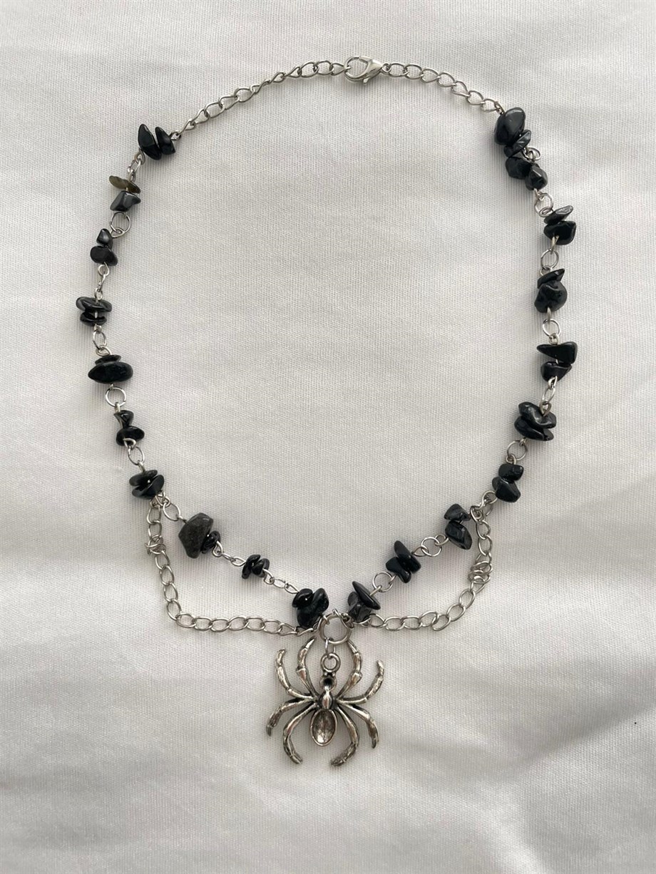 Örümcek Charmlı Doğal Taş Grunge Kolye I Handmade