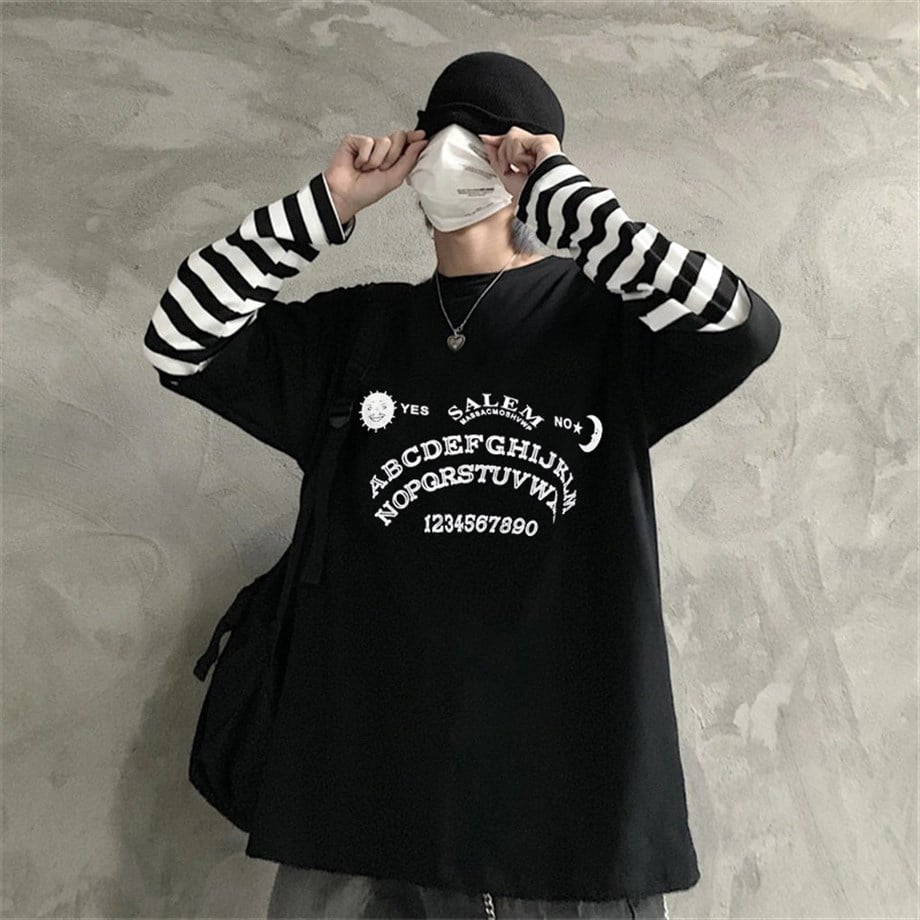 Ouija Çizgili Kollu Siyah Oversize Tshirt