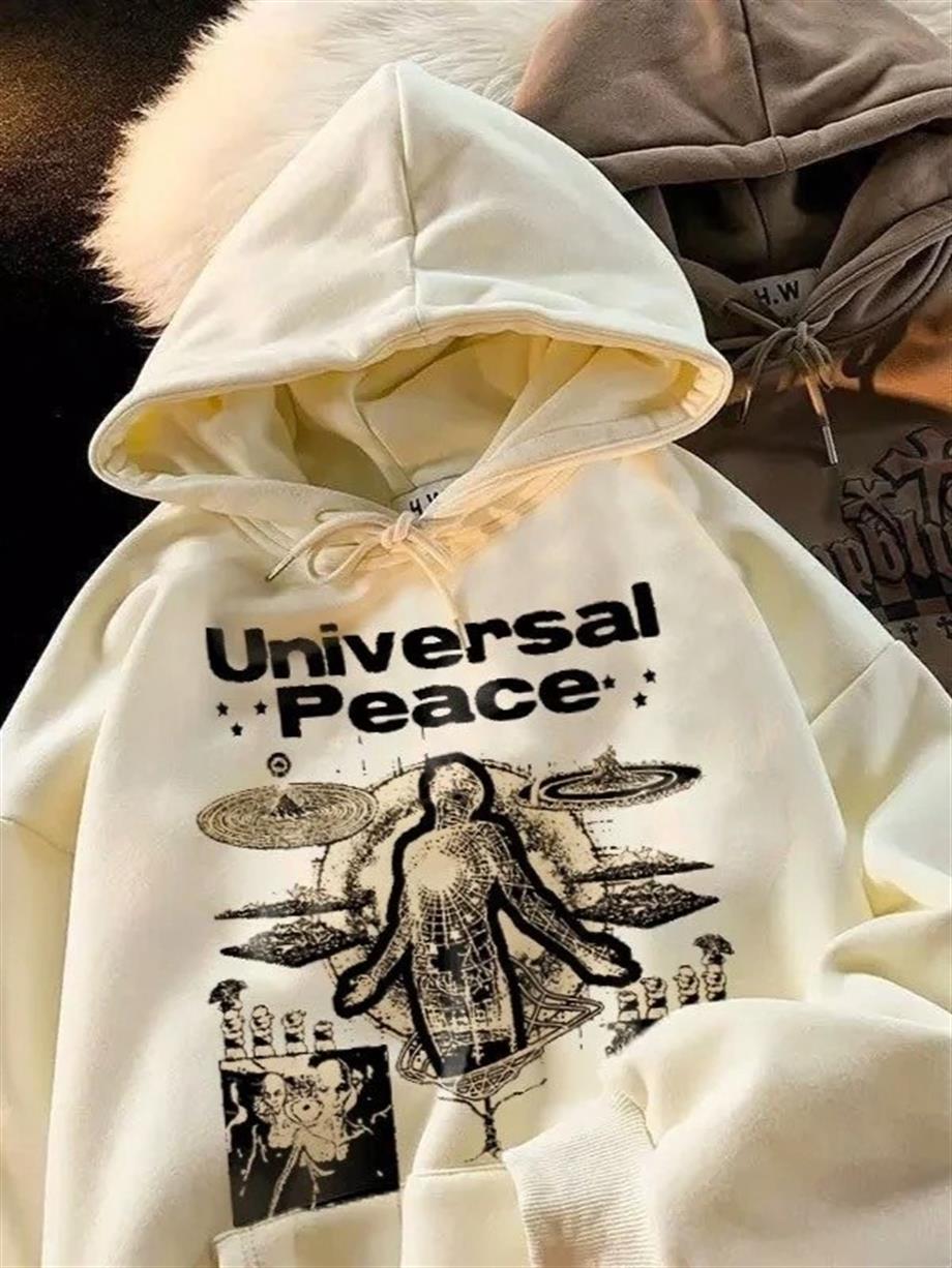 Peace Baskı Detay Kalın Kumaş Kapşonlu Unisex Sweatshirt