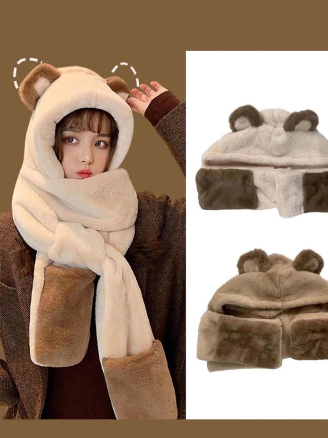 Peluş Eldiven Detaylı Ayıcık Şapkalı Boyunluk