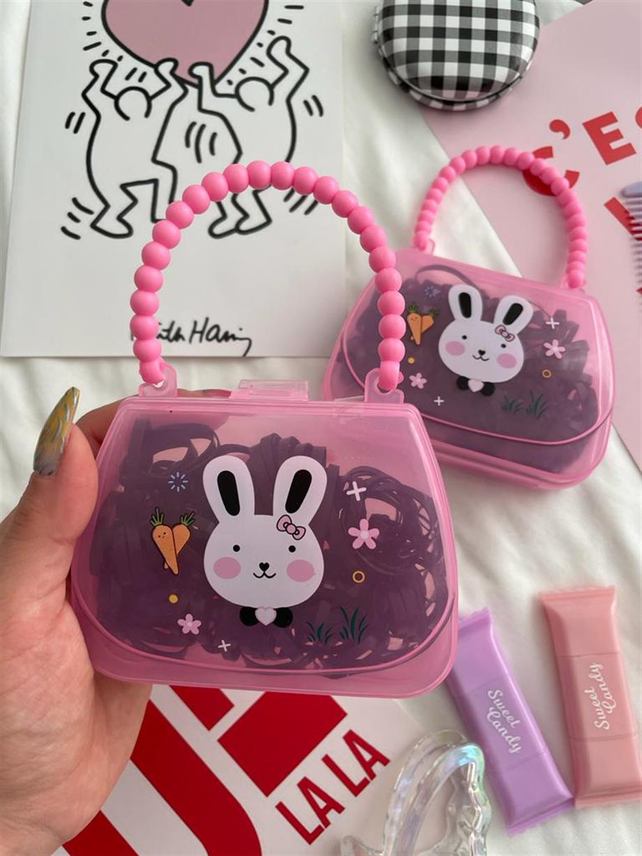 Pembe Çantalı Siyah Perma Lastik Toka Seti