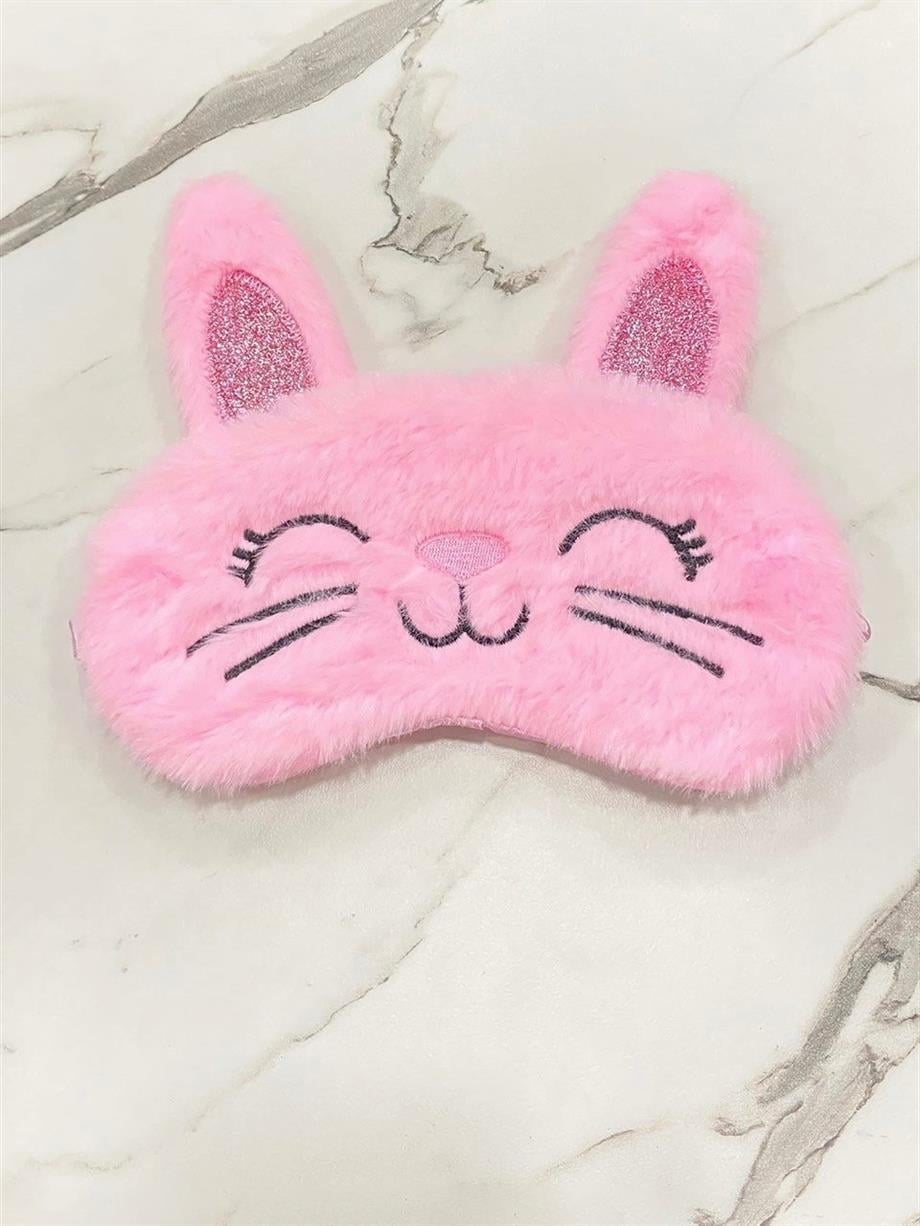 Pembe Kedi Kulak Detaylı Peluş Uyku Maskesi