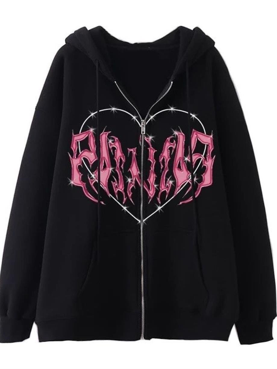 Pink Heart with Black Spikes Oversize Fermuarlı Siyah Unisex Kapüşonlu Hırka