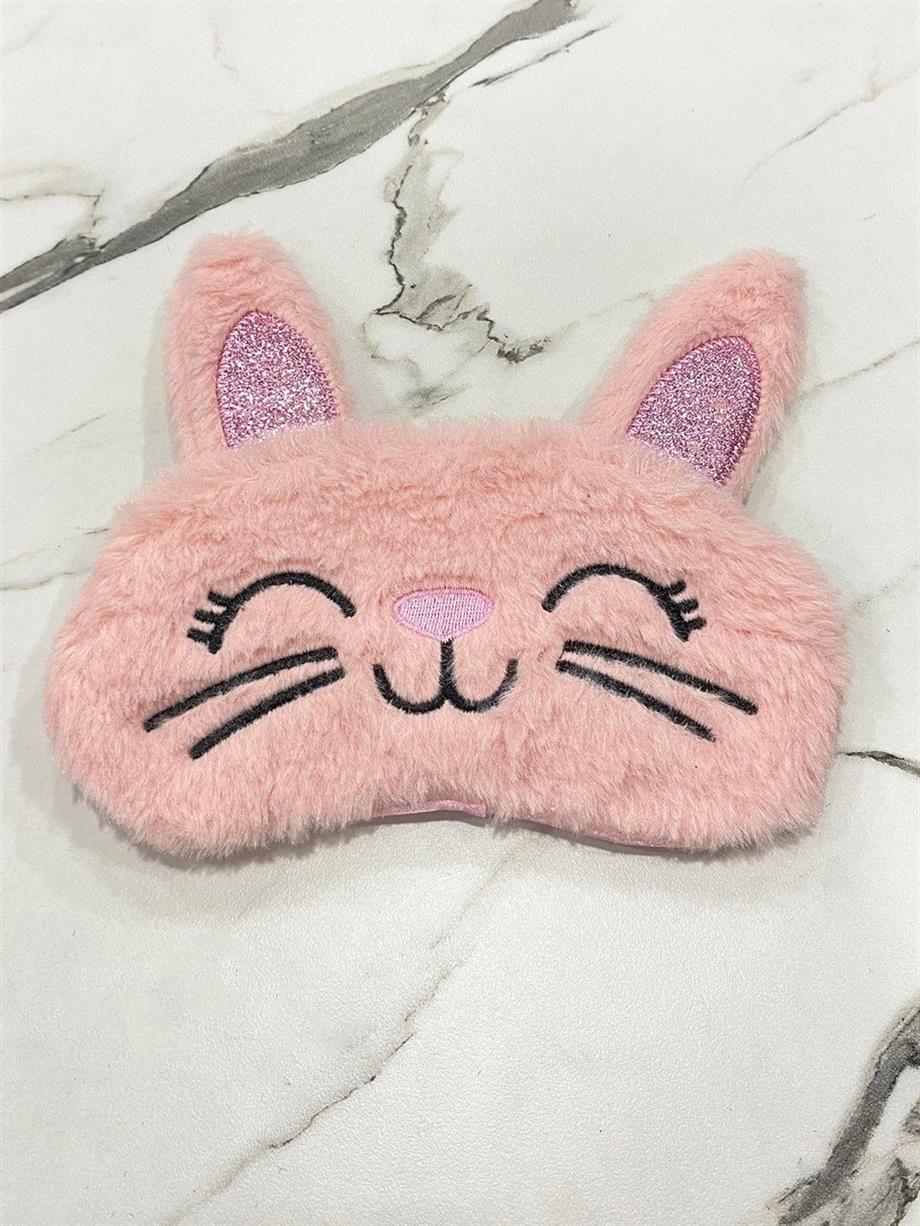 Pudra Pembe Kedi Kulak Detaylı Peluş Uyku Maskesi