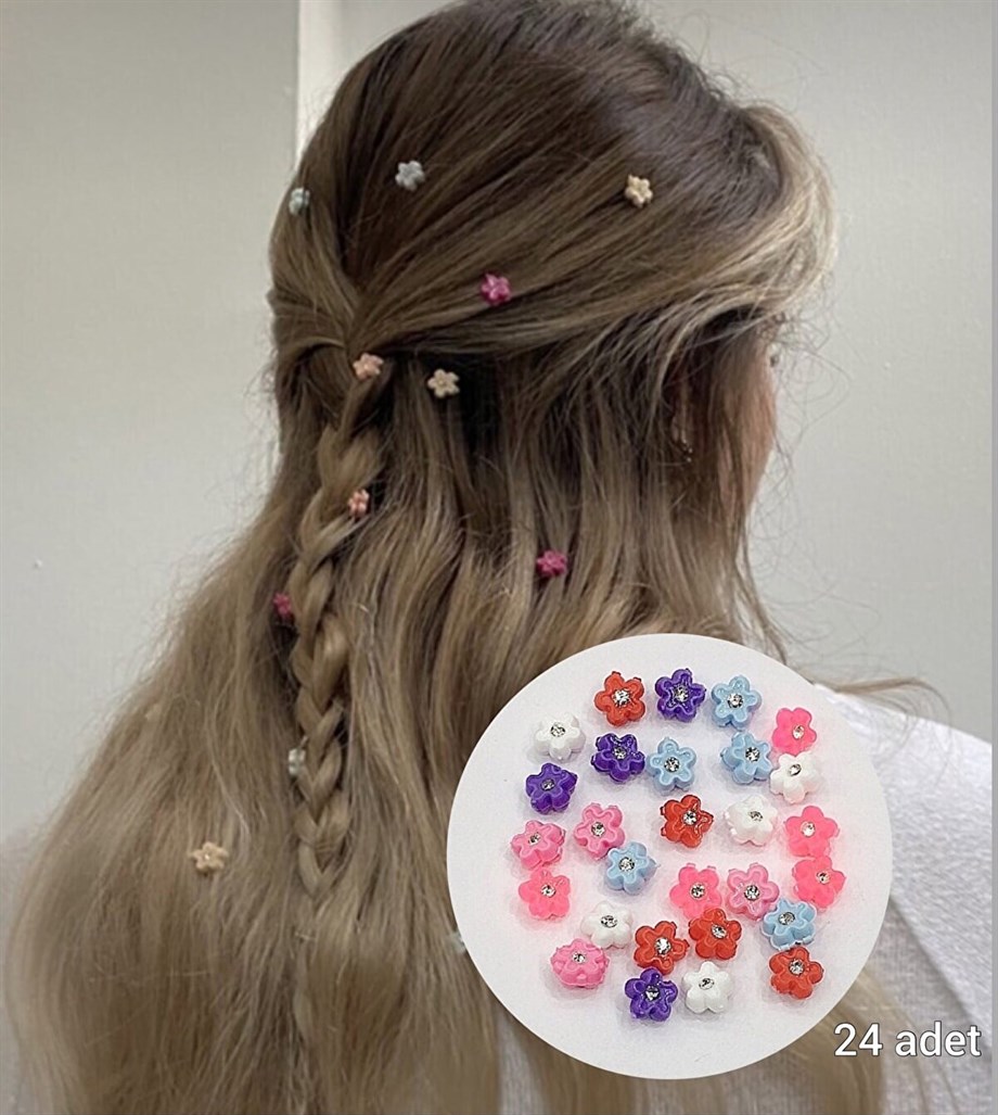 Renkli 24'lü Papatya Saç Boncuk Toka Seti