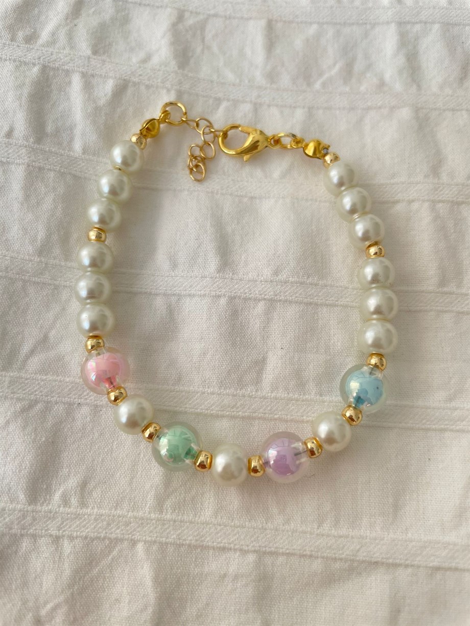 Renkli Cam Boncuk Detaylı İnci Bileklik
