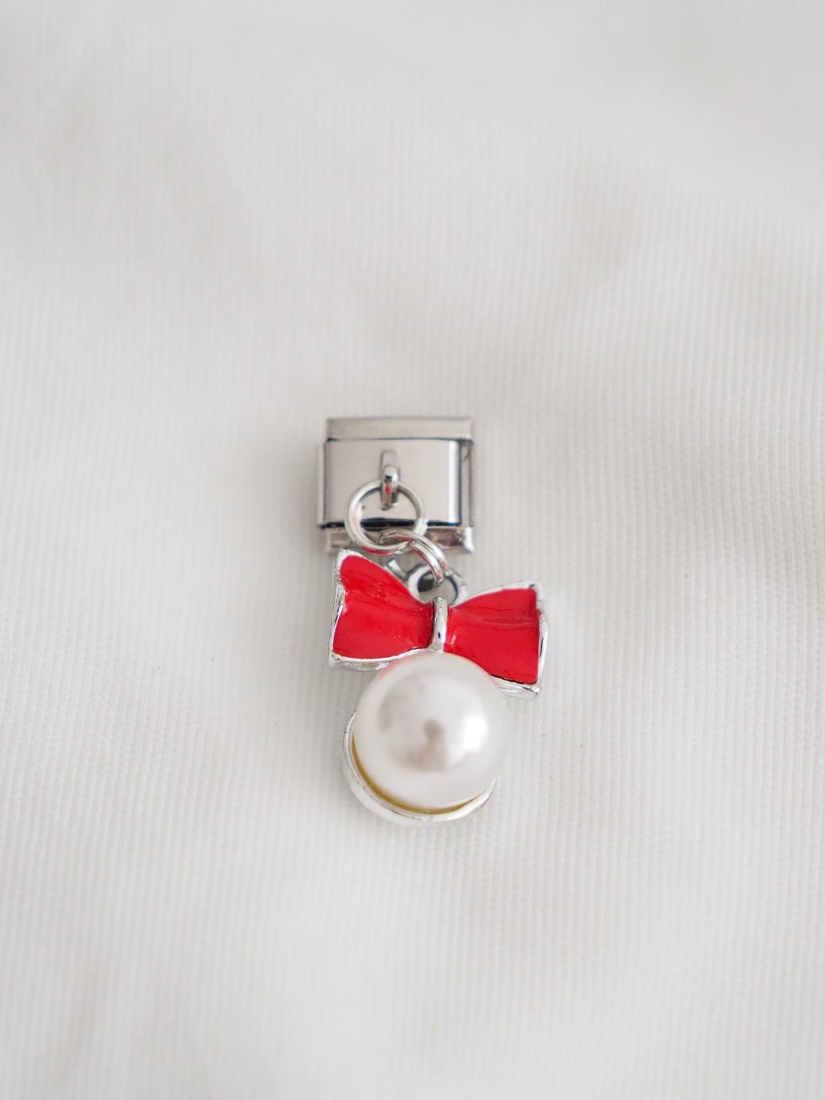 Sallantılı Kırmızı Fiyonk İnci İtalyan Charm