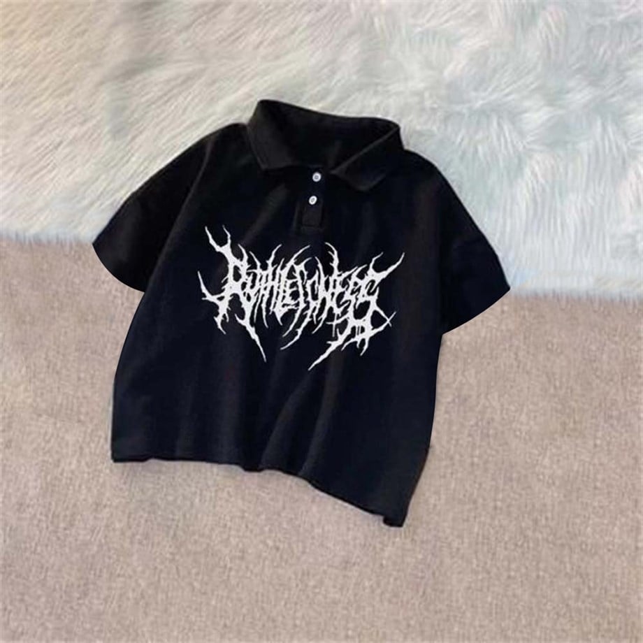 Siyah Gothic Yakalı Crop T-shirt