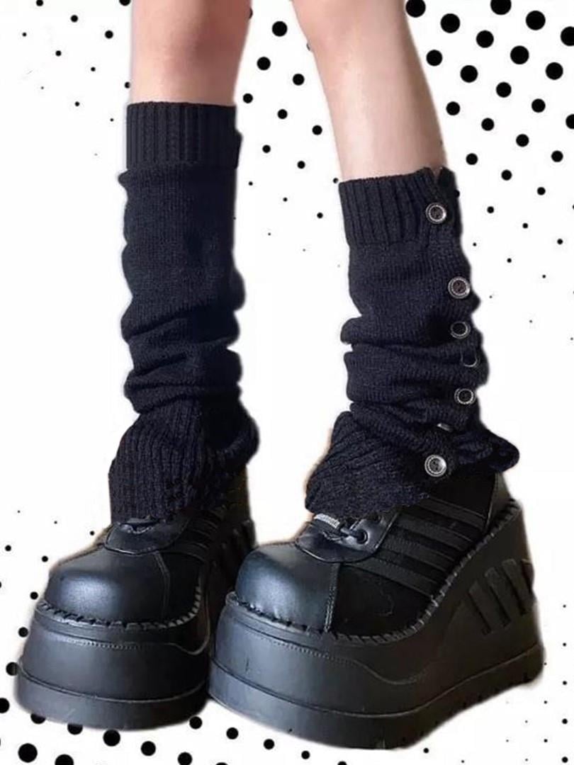 Siyah Kışlık Düğmeli Örgü Detay Tozluk