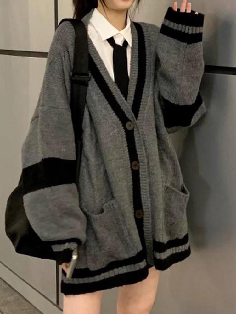 Siyah Şerit Detaylı Vintage Oversize Hırka