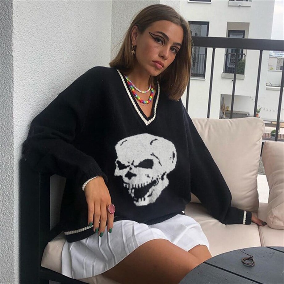 Siyah Skull Triko Oversize Kazak