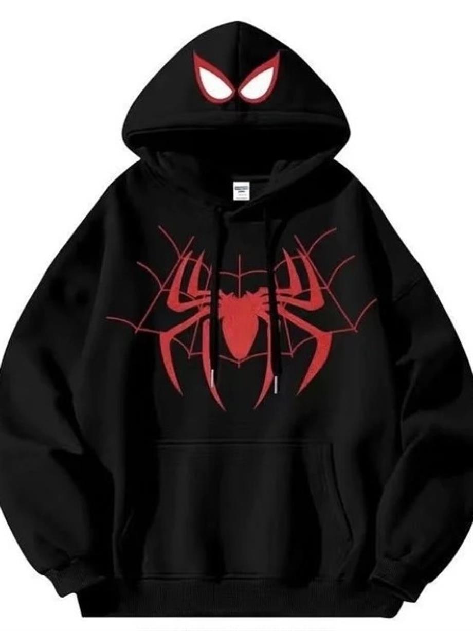 Siyah Spider Maske Hoodie Kalın Kumaş Kapüşonlu Sweatshirt