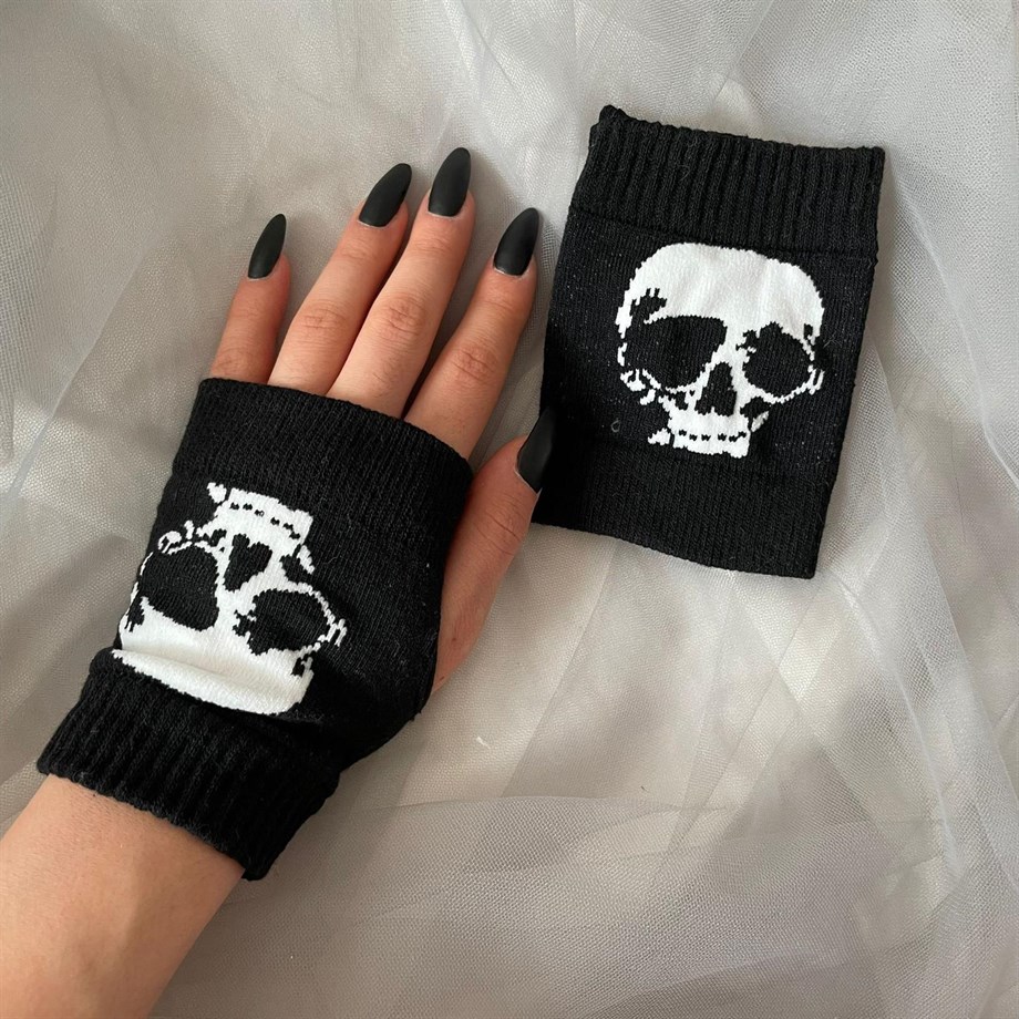 Skull işlemeli Kısa Eldiven