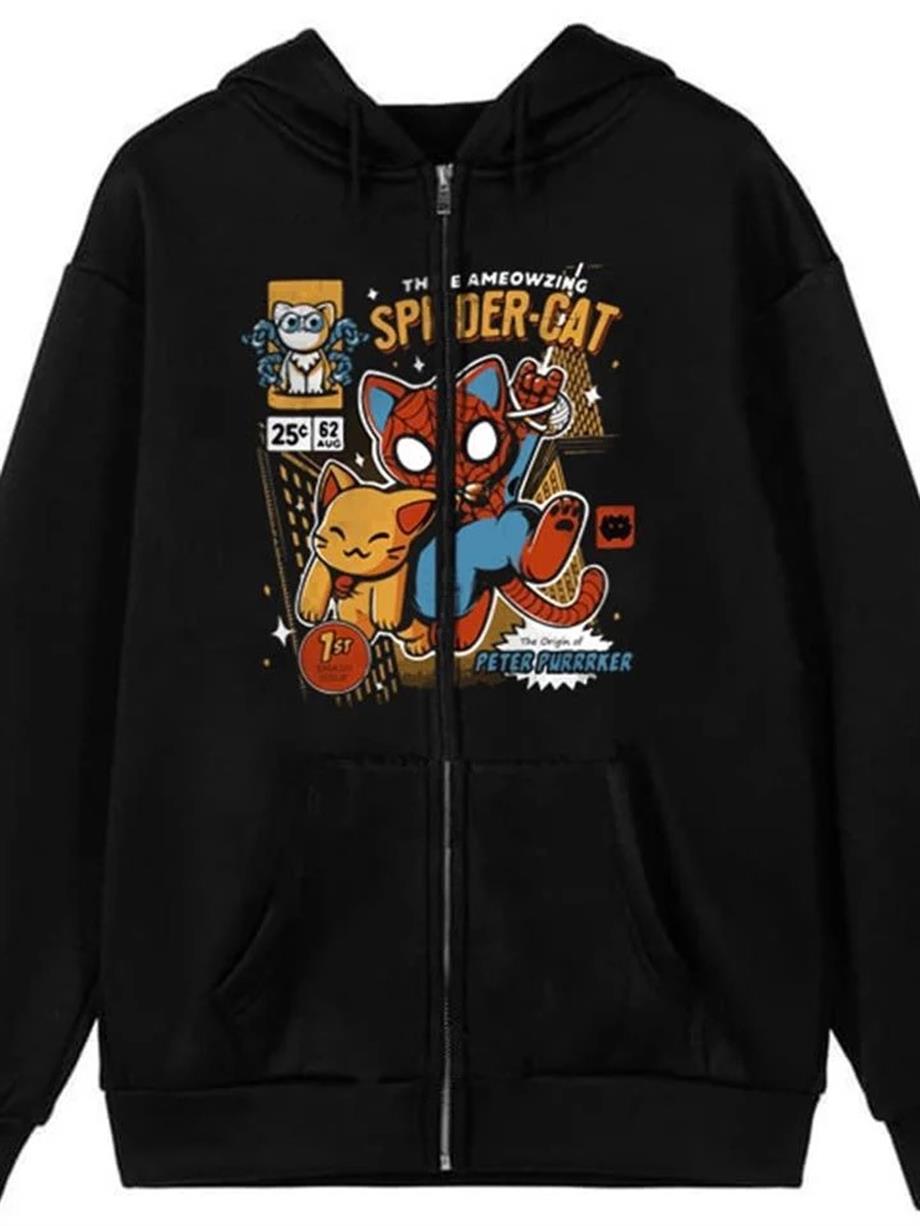 Spider-Cat Baskılı Oversize Fermuarlı Siyah Unisex Kapüşonlu Hırka