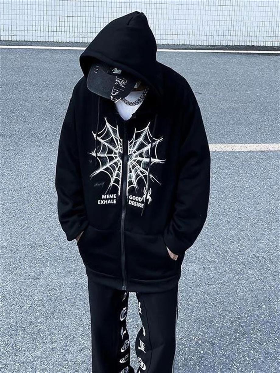 Spider Heart Baskılı Oversize Fermuarlı Siyah Unisex Kapüşonlu Hırka