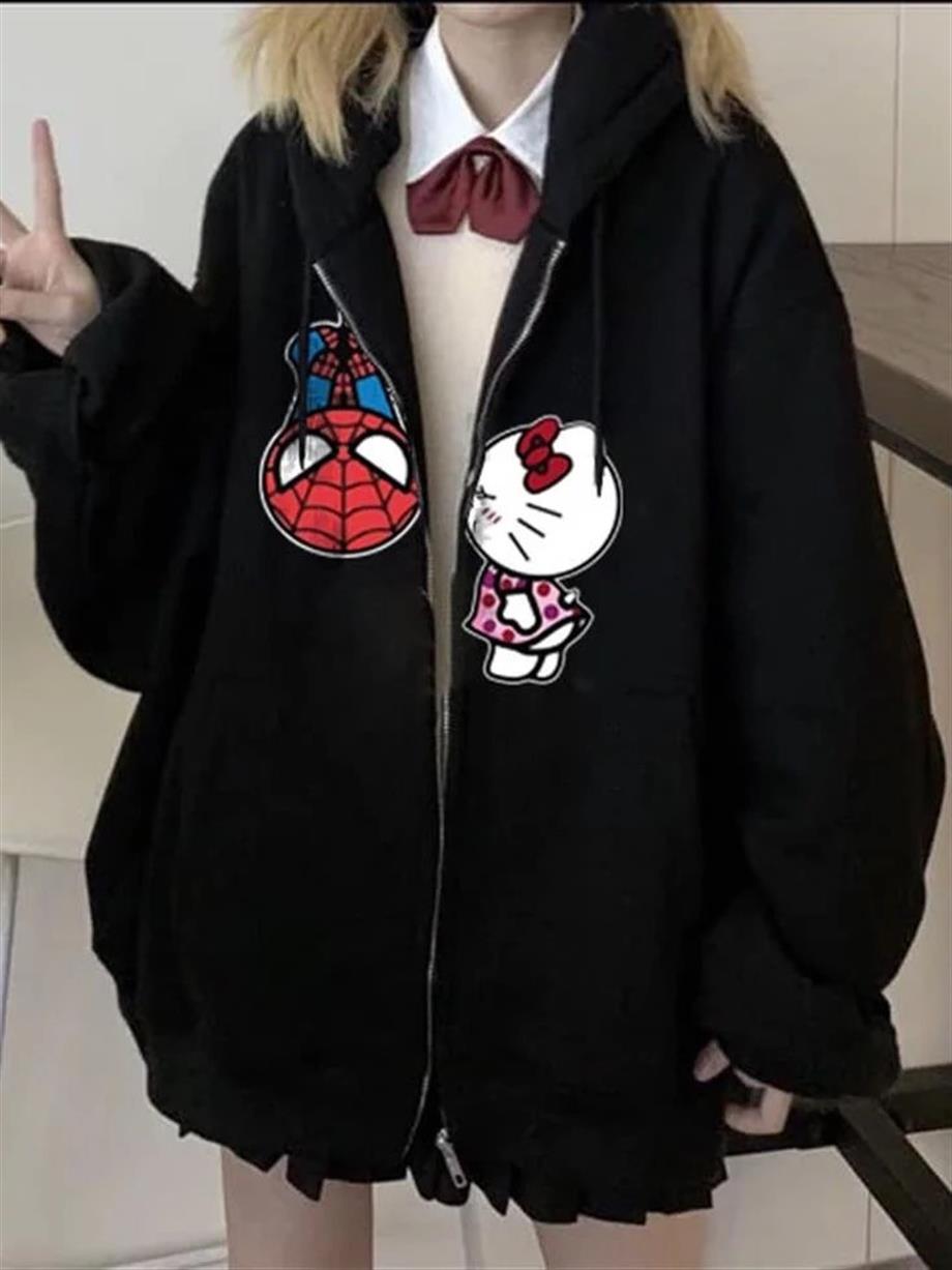 Spider Kitty Baskılı Oversize Fermuarlı Siyah Unisex Kapüşonlu Hırka