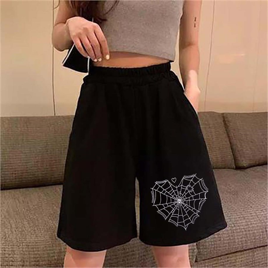 Spider Web Heart Siyah Penye Unisex Şort