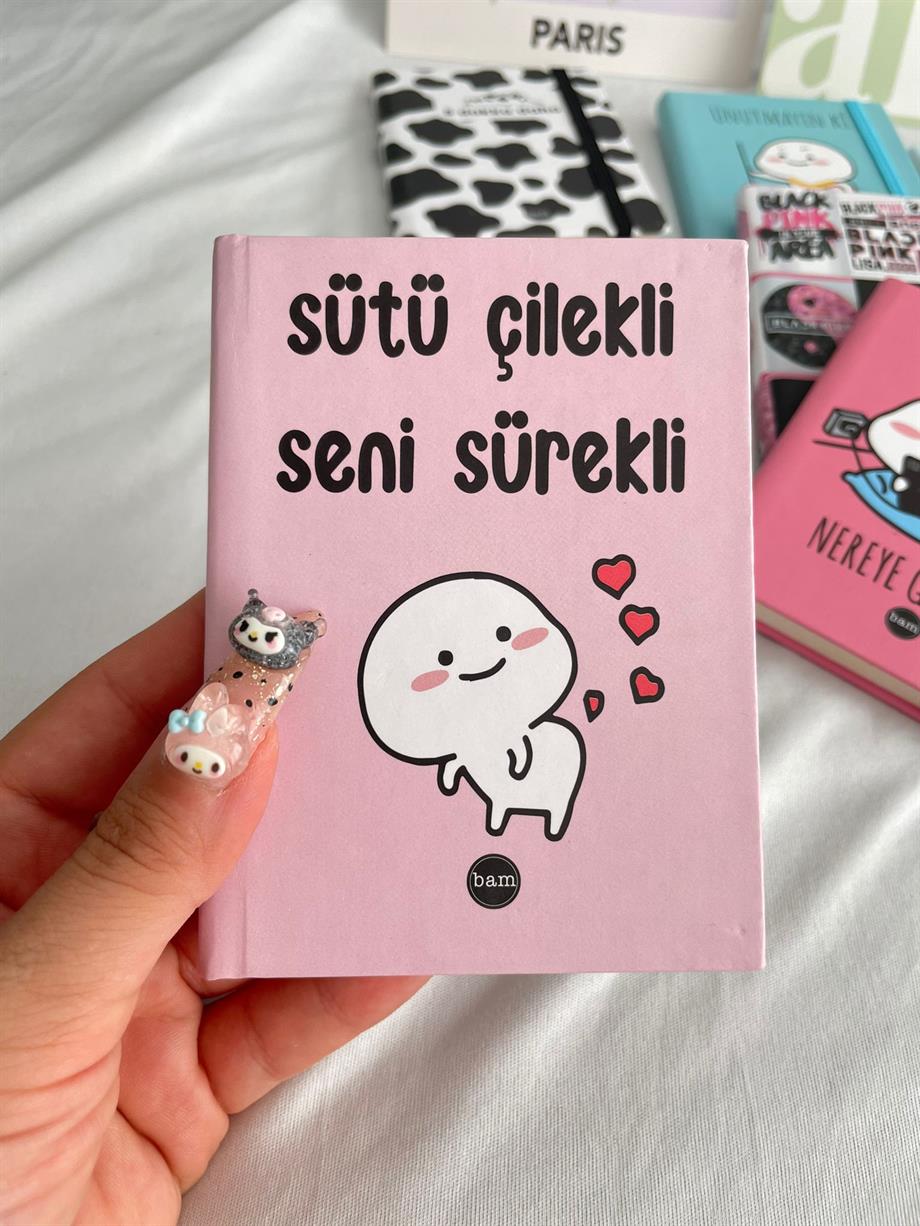 Sütü Çilekli Seni Sürekli Sert Kapaklı Lastikli Mini Defter