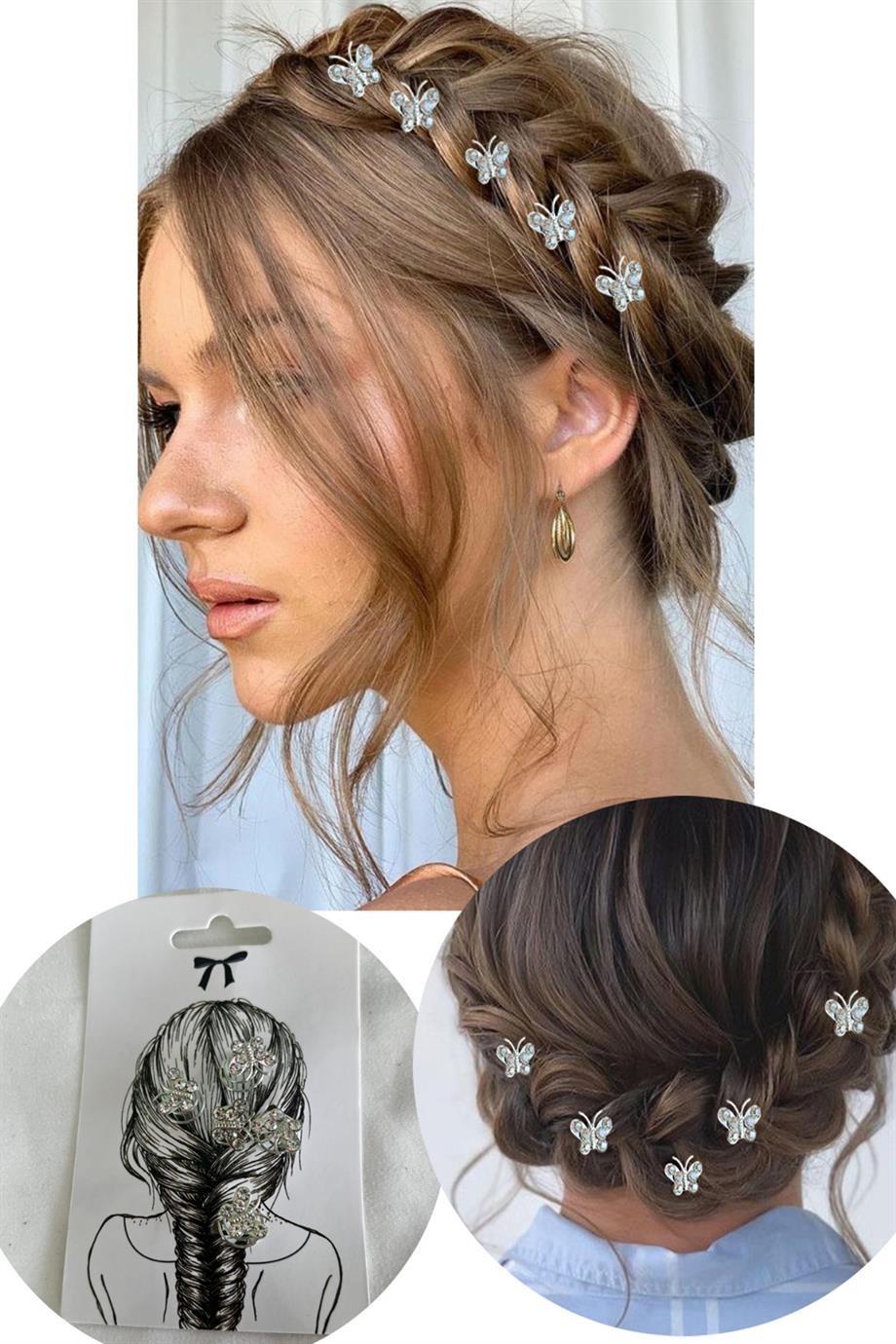 Taşlı Kelebek Figürlü Saç Küpesi Seti