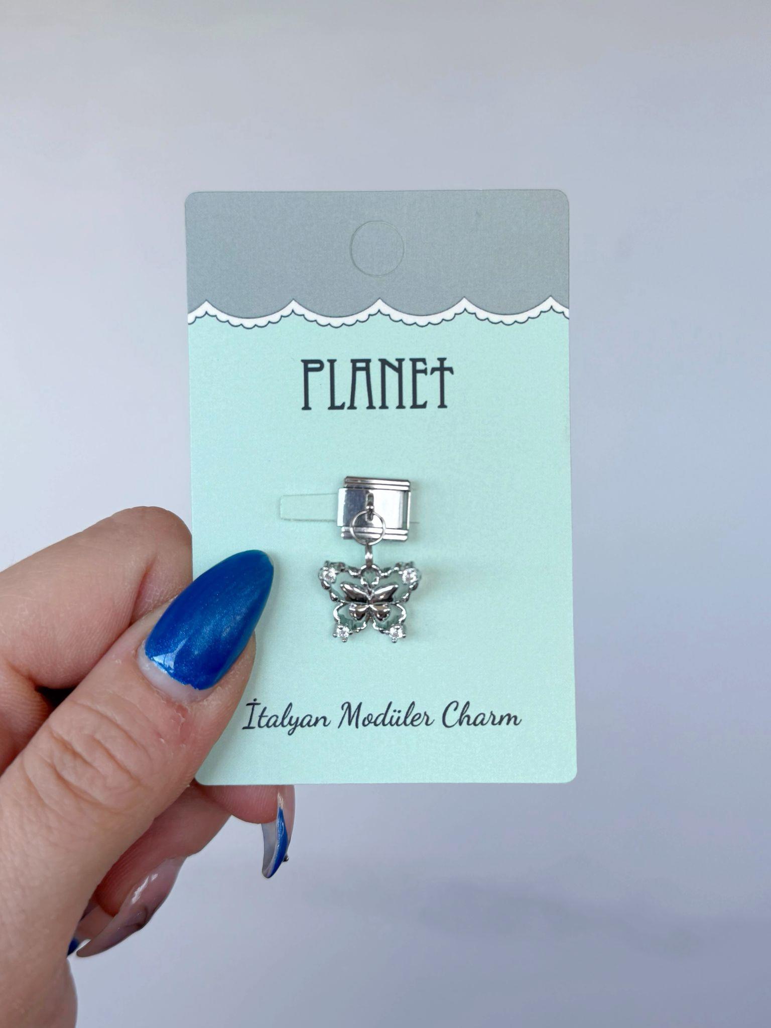 Taşlı Kelebek Sallantılı Kartlı İtalyan Charm