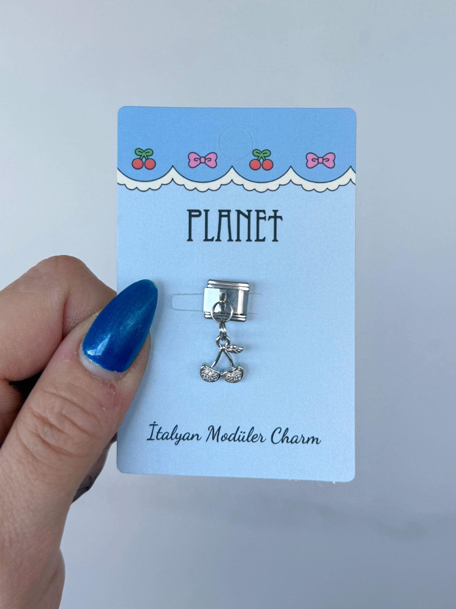 Taşlı Kiraz Sallantılı Kartlı İtalyan Charm