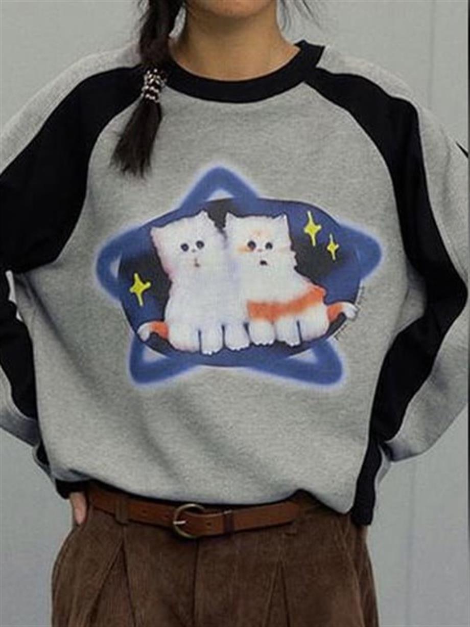 Twin Kitten Star Şerit Kollu Unisex Sweatshirt