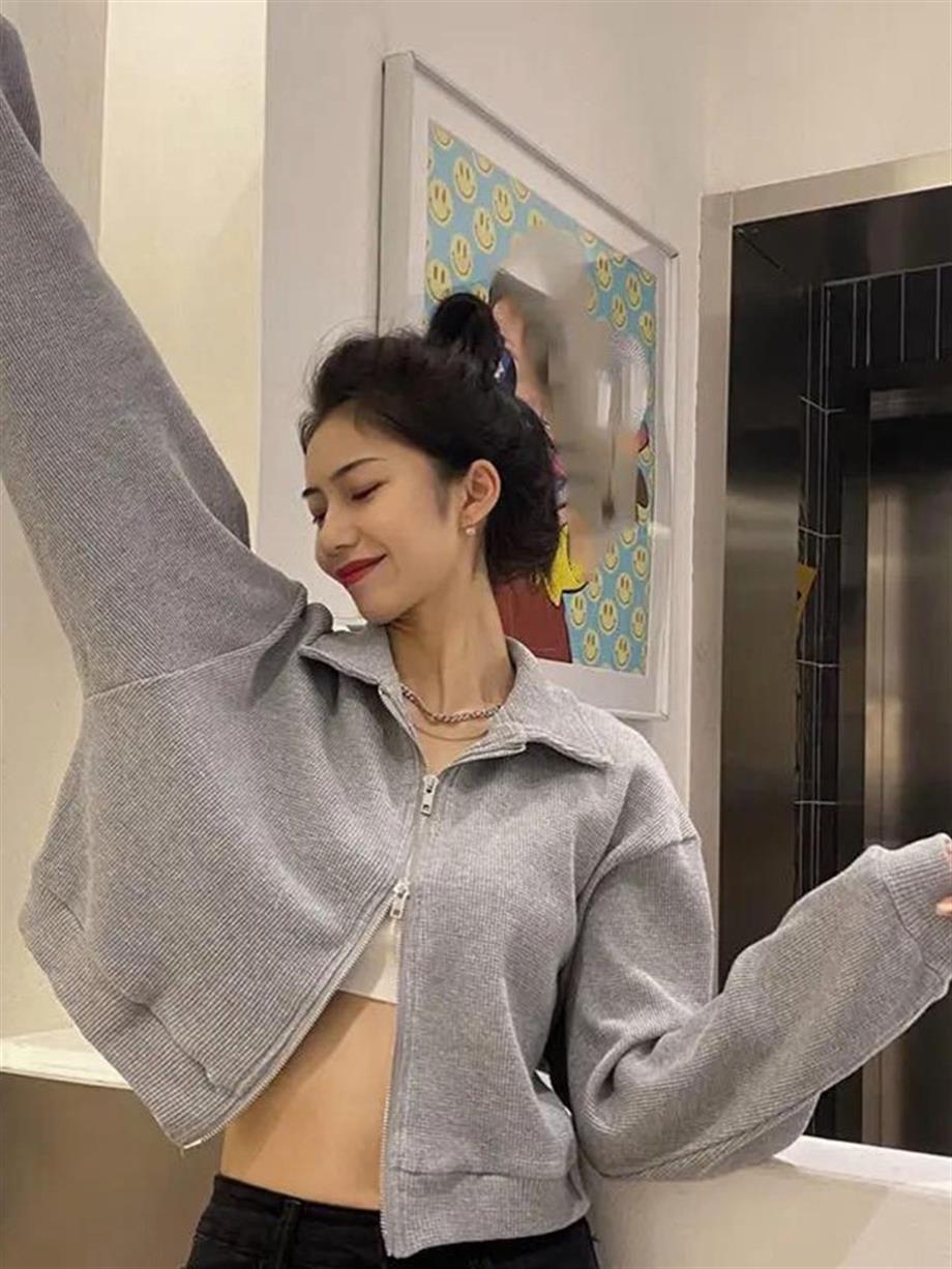 Yakalı Gri Melanj Basic Fermuarlı Crop Hırka