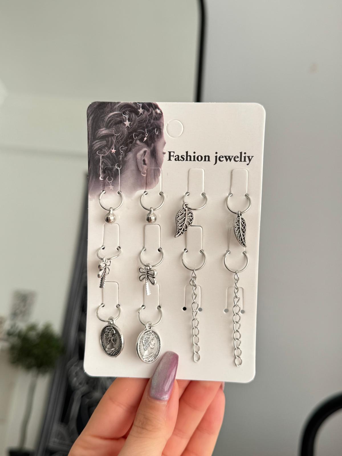 Yaprak ve Zincir 12li Saç Küpesi