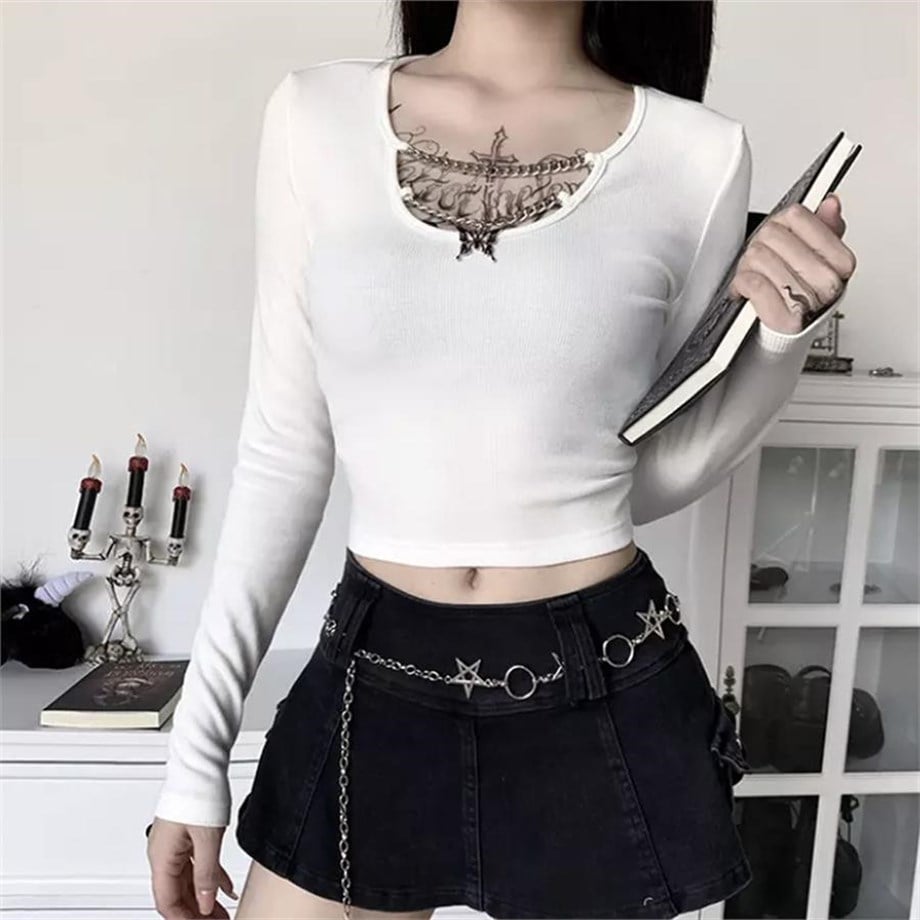 Zincir Yakalı Beyaz Uzun Kollu Crop