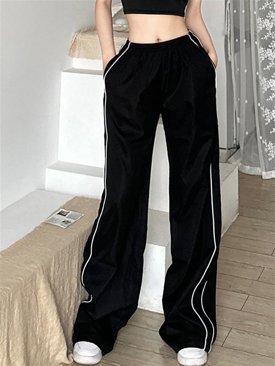 Zip Detail Black Baggy Oversize Şeritli Eşofman