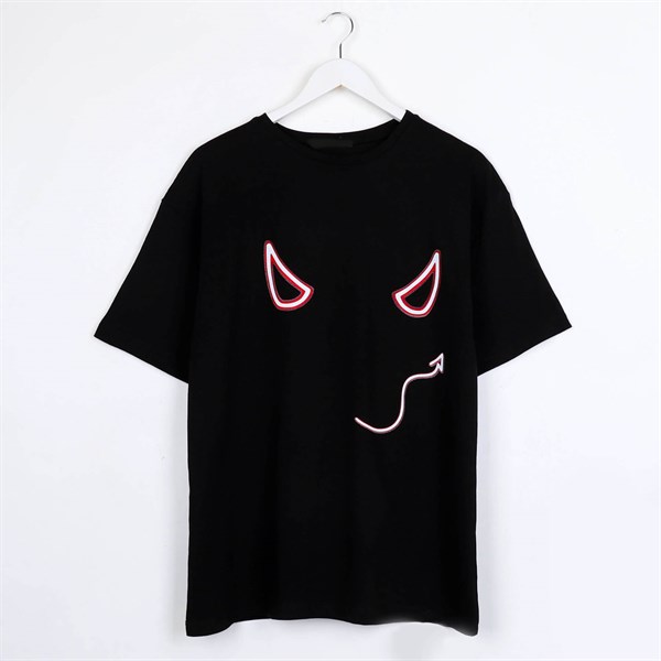 Melek Şeytan Baskılı Oversize Siyah Unisex T-shirt