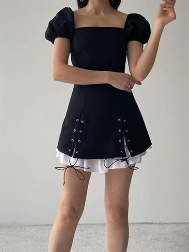 Bağcık Detaylı Kısa Balon Kollu Mini Elbise