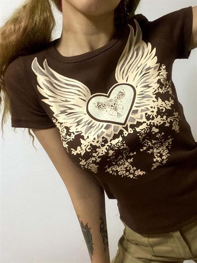 Heart Wings Grunge Kahverengi T-shirt