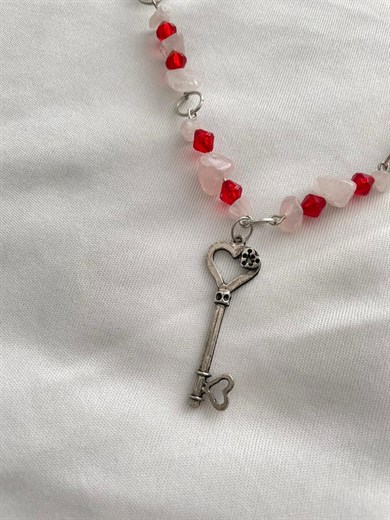 Kalp Charmlı Pembe Kuvars Doğal Taş Grunge Kolye I Handmade