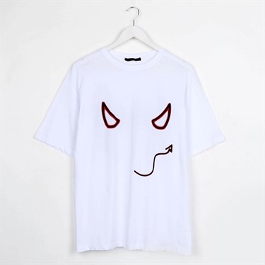 Melek Şeytan Baskılı Oversize Beyaz Unisex T-shirt