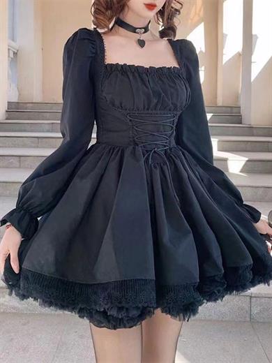Siyah Balon Kol Gothic Dantel Detaylı Elbise