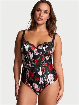 Atelier Victorias Secret Noir Saten Dantel Kenarlı ​​Bodysuit
