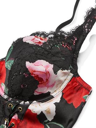 Atelier Victorias Secret Noir Saten Dantel Kenarlı ​​Bodysuit