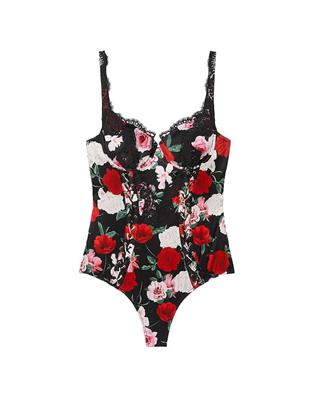 Atelier Victorias Secret Noir Saten Dantel Kenarlı ​​Bodysuit